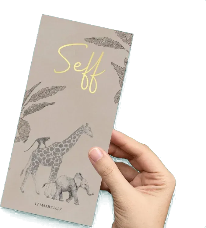 Hand houdt een geboortekaartje Seff met giraffe vast